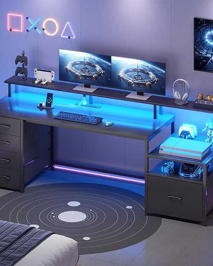 SEDETA Computer Desk with 5 Drawer, Power Outlet & Led Lights, 66'' Home Office Desk with File Drawer, Storage, Monitor Shelf, Gaming Desk, Black