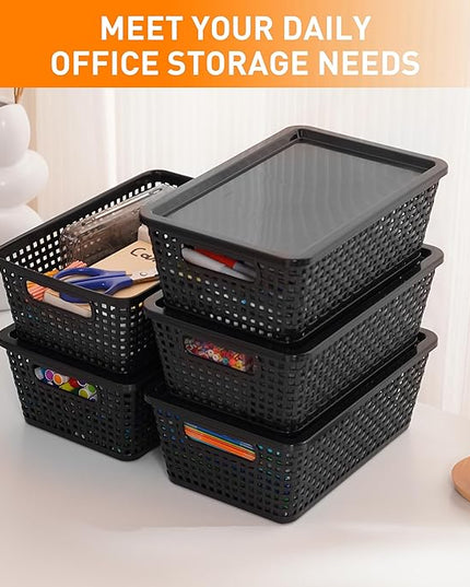 Plastic Storage Baskets With Lid, Storage Bins for Organizing, Stackable Decorative Containers for Shelves Drawers Desktop Closet Playroom Classroom Office, 8 Pack-Black
