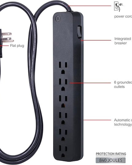 GE 6-Outlet Surge Protector, 6 Ft Extension Cord, 1080 Joules, Power Strip, Flat Plug, Integrated Circuit Breaker, Wall Mount, ETL Listed, Black, 37211