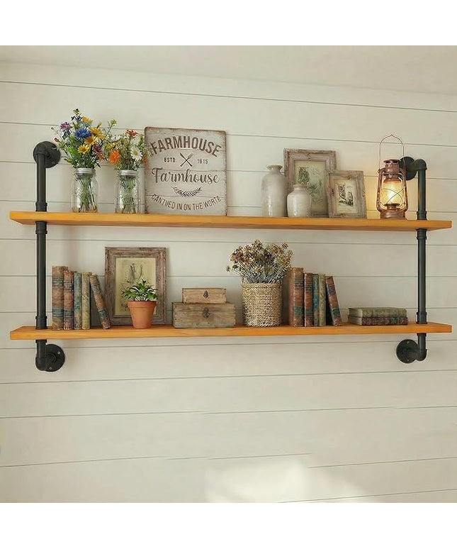Industrial Pipe Wall Shelves - 48" Rustic Natural Oak Solid Wood, 9.85" Deep Floating Shelving for Farmhouse Rustic Decor, Sturdy Storage for Books/Plants/Toiletries