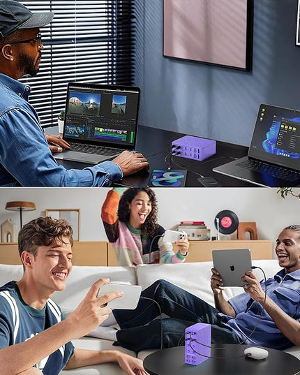 500W USB C Charger Block, 12-Port USB C Charging Station for Multiple Devices, Leather Texture Dual PD 65W Laptop Fast Charger Compatible with MacBook Pro/Air, iPad, iPhone,Galaxy and More,Purple