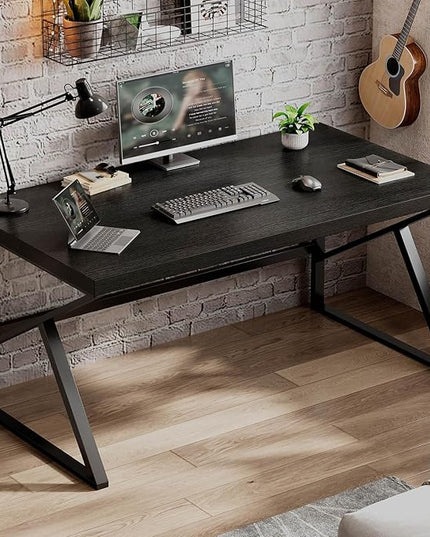 HSH Black Computer Desk, Long Home Office Laptop PC Desk, Large Industrial Metal Wood Executive Writing Gaming Workstation Desk, Modern Simple Student Study Work Table for Bedroom Living Room, 60 Inch