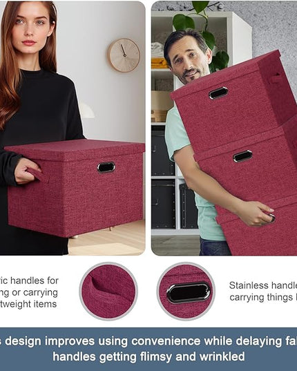 Large 17" 36 Quart Collapsible Stackable Storage Bins with Lids, 3 Packs Bright Red Linen Fabric Closet Boxes with Lids, Storage Cube Baskets Container Organizers for Office (17x12x11)