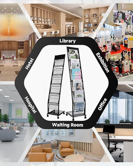 Floor-Standing Magazine Rack 6-Layer with Wheels, Brochure Display Stand for Exhibitions, Office, and Any Organization Requiring Information Display