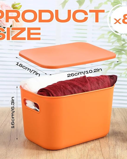 Hoolerry 8 Pieces Colorful Storage Bins with Lid, Plastic Storage Basket Organizing Container Stackable Box with Handle for Shelves Desktop Playroom Office(10.2 x 7 x 6.3 Inch,Blue and Orange)