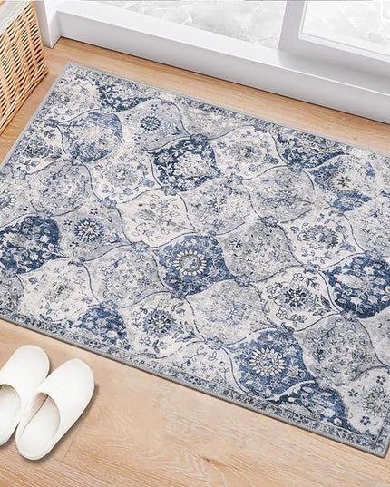 Lahome Moroccan Trellis Washable Rug, 2x3 Kitchen Rugs for Entryway Bathroom, Non-Slip Indoor Door Mat Ultra-Thin, Small Oriental Throw Carpet for Bedroom Entry, White/Royal Blue