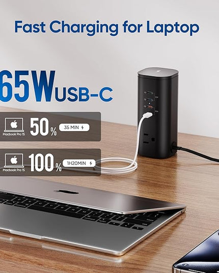 Flat Plug Surge Protector Tower, TenTrend Power Strip Tower with Surge Protection, 3 AC Outlets & 8 USB Ports, 5FT Extension Cord, 115W Total Fast Charging Tower for Multiple Devices