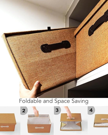 Enzk&Unity Decorative Storage Bins with Lids, Fabric Linen Foldable Storage Box with Handle Home Organizer for Shelf, Closet, Bedroom, Living Room, Office, 3 Packs, Brown