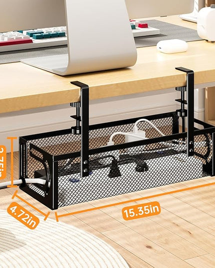 Under Desk Cable Management Tray, 15.7'' No Drill Steel Desk Cable Organizers, Wire Management Tray Cable Management Rack (2 Packs-Black)