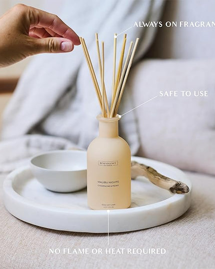 Benevolence LA Reed Diffuser - Champagne & Peony | Luxurious Home & Bathroom Decor | Long-Lasting Scent Diffusers for Home - Malibu Sands Collection