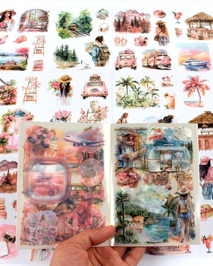 Dwpetzo Summer Beach Pre-Cut Journal Sticker Book for Junk Journaling, Transparent PET Landscape Stickers for Scrapbook Supplies, Scrapbooking, Collage, Planners, Bujo, 20 Sheets