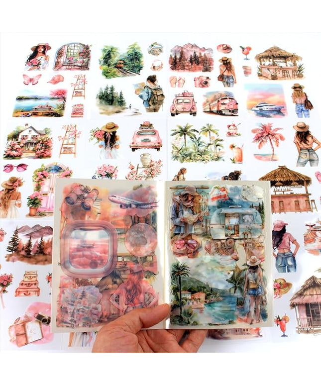 Dwpetzo Summer Beach Pre-Cut Journal Sticker Book for Junk Journaling, Transparent PET Landscape Stickers for Scrapbook Supplies, Scrapbooking, Collage, Planners, Bujo, 20 Sheets