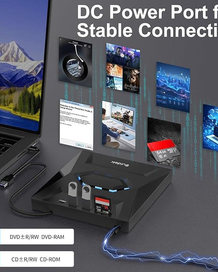 External CD DVD Drive for Laptop, USB C Portable CD/DVD +/-RW Burner DVD Player with SD Card Reader USB 3.0 Type C Hub Compatible with Laptop PC Windows Linux