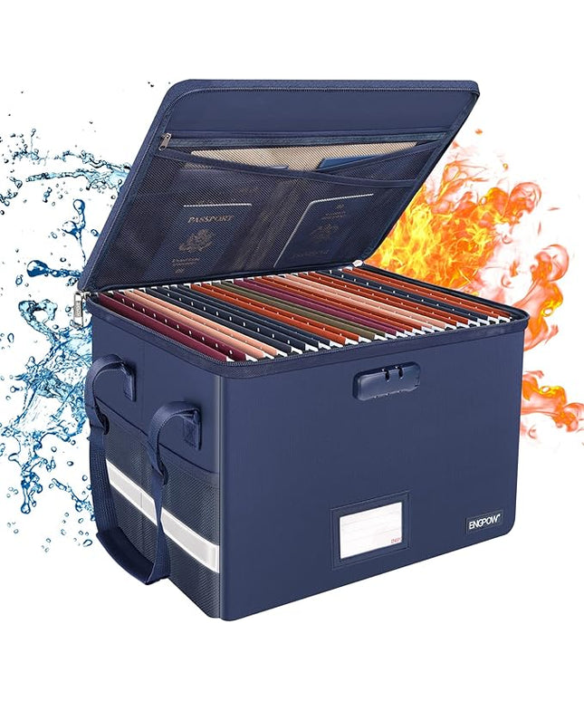 ENGPOW File Box with Lock, Fireproof Document Box with Zipper＆Pockets, Collapsible File Organizer Filing Storage Cabinet with Handle, Portable Home Office Safe for Hanging Letter/Legal Folder, Blue
