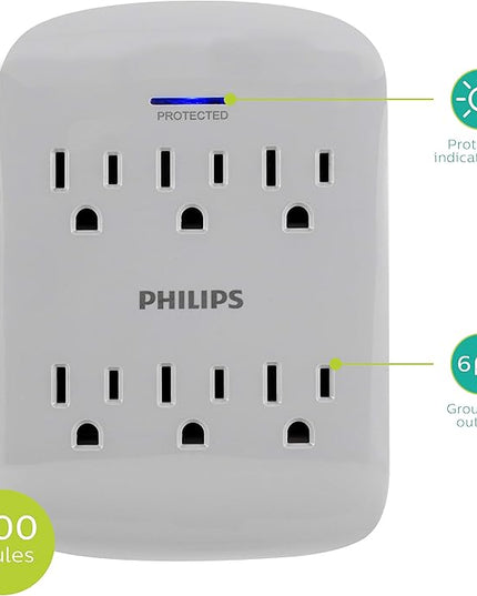 Philips 6-Outlet Extender Surge Protector, 900 Joules, 3-Prong, Space Saving Design, Protection Indicator LED Light, 2 Pack, Grey, SPP3466GR/37