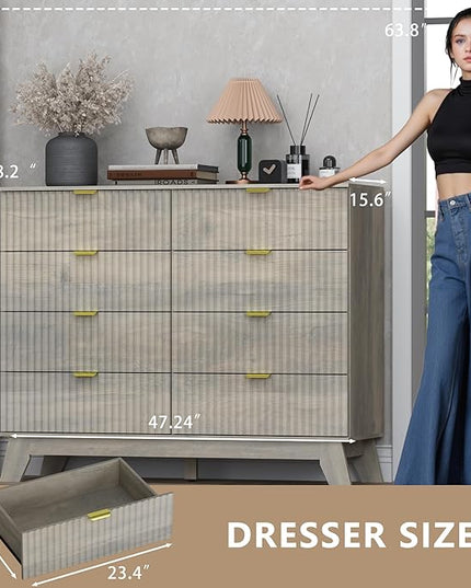 BORNOON Fluted 8 Drawer Tall Dresser, 47.2" Wide Modern Boho Chest of Drawers, Wooden Storage Dresser TV Stand for Bedroom, Living Room, Closet, Hallway, Curved Profile Design