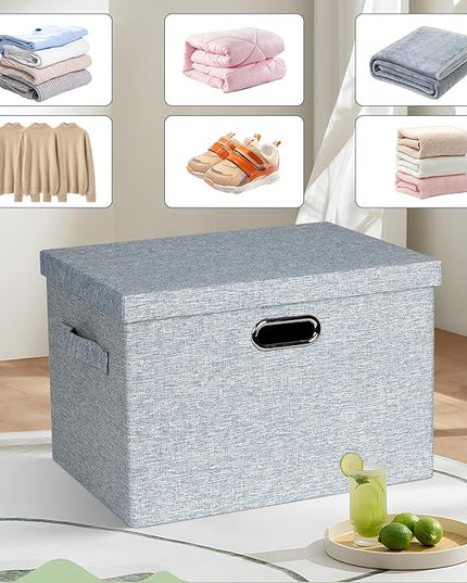 Large 17" 36 Quart Collapsible Stackable Storage Bins with Lids, 3 Packs Blue-Grey Linen Fabric Closet Boxes with Lids, Storage Cube Baskets Container Organizers for Bedroom (17x12x11)