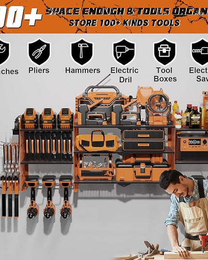 Power Tool Organizer Wall Mount, Expanded Width Garage Storage 3 Layer Heavy Duty Power Tool Storage Rack, 45.5" Battery Tools Holder with Charging Station Shelf
