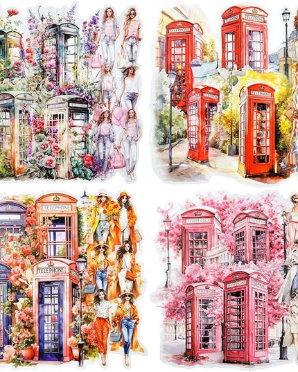 AuriicLeaf Telephone Booth PET Sticker Set, 80PCS Vintage Street Scene Stickers for Scrapbooking, Journaling, DIY Crafts, Planner Decoration, and Aesthetic Collage