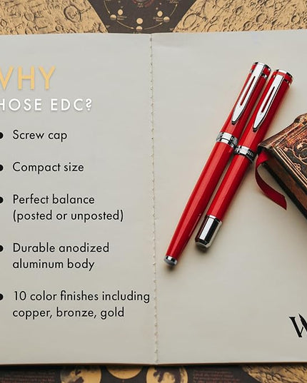 Wordsworth and Black Fountain Pen Mini EDC: Luxury Red Heavy Pocket Pen, Chrome Finish, Medium Nib, 6 Ink Cartridges, Ink Converter, Travel Refillable Writing Pen Gift Set, Men & Women