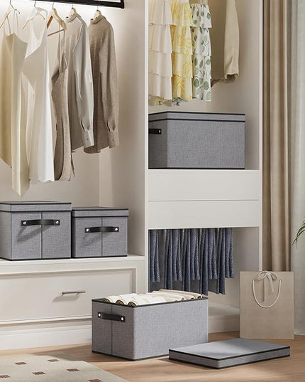 Storage Bin with Lid, 15 x 9.8 x 8.3 Inch Storage Box for Organizing with Handles, Decorative Linen Closet Organizer, Gray, 1-Pack