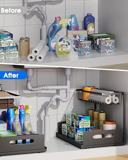 Under Sink Organizer, 2 Tier Pull-Out Cabinet Storage Shelf, Rust-Resistant Metal Organizer for Kitchen Bathroom Laundry Room, No Tools Installation, 1 Pack Black