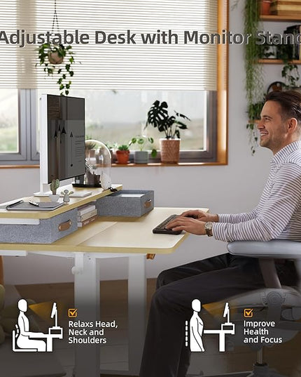 Seang Electric Standing Desk with 2 Drawers, Adjustable Standing Desk with Storage Shelf, Height Adjustable Stand up Desk for Home Office with 3 Presets & 2 Hooks,55 Inch, Natural