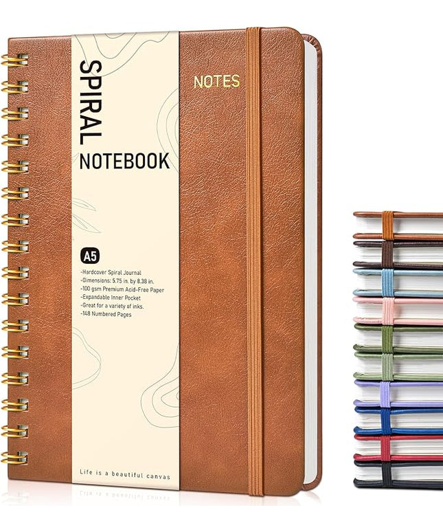 Dotted Spiral Journal Notebook, A5 Hardcover Spiral Journals for Women Men, 100 GSM Dot Grid Paper Notebooks, 150 Pages Spiral Bullet Dotted Notebook for Writing Note Taking 5.75" x 8.38", Brown