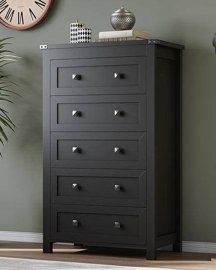 BORNOON Tall 5-Drawer Dresser, Modern Wooden Storage Chest of Drawers, Dresser TV Stand, Wood Drawer Organizer with Metal Handles for Bedroom, Living Room, Hallway