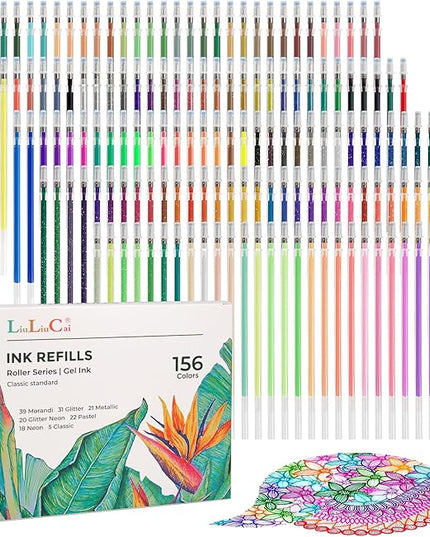 Glitter Gel Pen Refills, 156 Colors Gel Ink Pen Refills Replacements, Metallic Neon Ink Refills for Adults Coloring Book Drawing Doodling Journaling Art Supplies