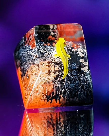 Yellow Axolotl in Red Black Ocean Coral Artisan Keycap R1 SA Profile Custom Animal Keycaps 1U ESC Handmade Gaming Resin Key Cap Cherry MX Switch Compatible Mechanical Keyboard Axolotl Lover Gift