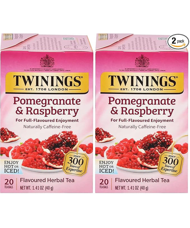 Twinings Pomegranate & Raspberry Herbal Tea Individually Wrapped Bags, 20 Count (Pack of 2), Naturally Caffeine-Free, Enjoy Hot or Iced, 20 Teabags