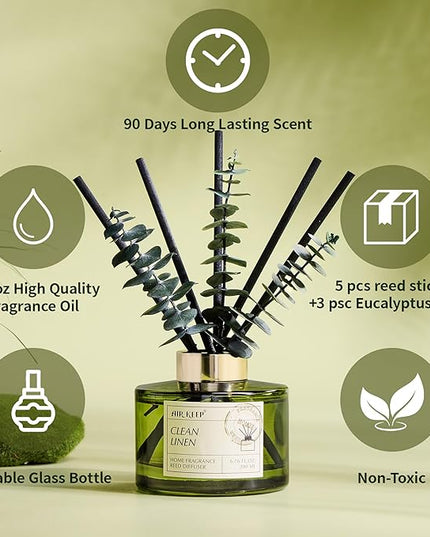 Airkeep Reed Diffuser Set with 6.76 fl oz Clean Linen Scent Essential Oils and 3 Leaves & 8 Diffuser Sticks,Bathroom Shelf Decor & Air Freshener, House Bedroom Office Decor & Gifts