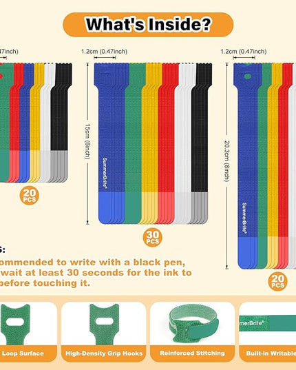 70 Pack Assorted Cable Ties (4, 6, 8 Inch) Multi-Color with Writable Labels, Reusable Cord Organizer Straps, Hook & Loop Wire Management for Electronics, Home Office, PC Desk & Travel