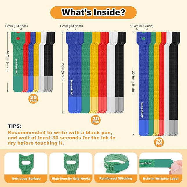 70 Pack Assorted Cable Ties (4, 6, 8 Inch) Multi-Color with Writable Labels, Reusable Cord Organizer Straps, Hook & Loop Wire Management for Electronics, Home Office, PC Desk & Travel