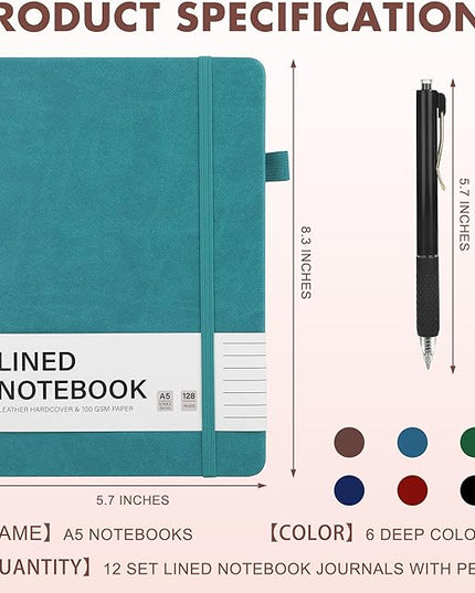 Aodaer 12 Set Lined Notebook Journals with Pens A5 Notebooks 100 GSM College Ruled Hardcover Notebook PU Leather Notepad with Pen Holder for Office School, 5.7 x 8.3 Inches, Deep Multicolor