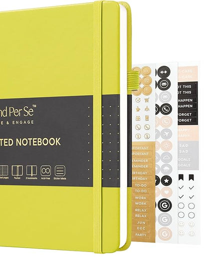 &And Per Se Dotted Journal Notebook, A5 Hardcover Leather Bullet Dotted Journal, 160 Pages 100 gsm Thick Paper, 3 Sheets of Stickers Included - 5.7'' x 8''（Lime Green）