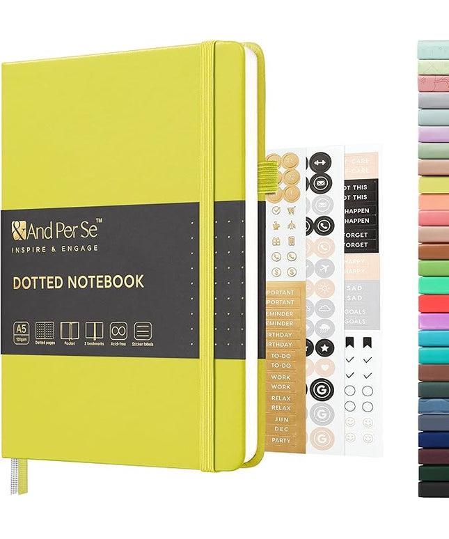 &And Per Se Dotted Journal Notebook, A5 Hardcover Leather Bullet Dotted Journal, 160 Pages 100 gsm Thick Paper, 3 Sheets of Stickers Included - 5.7'' x 8''（Lime Green）