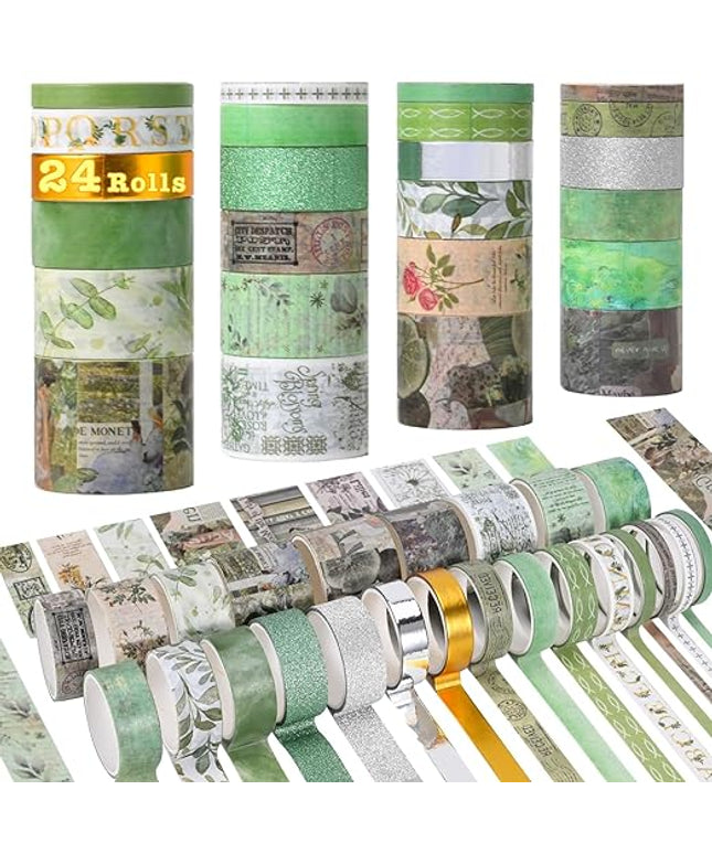 FTTELK 24 Rolls Vintage Washi Tape Set,Glitter Floral Decorative Adhesive Tape for Scrapbooking Supplies,Junk Journal,DIY Crafts,Planners and Gift Wrapping(Secret Garden Series)