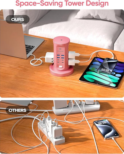 Power Strip Tower, kakyanill Surge Protector Tower 9 AC Outlets 8 USB (4 USB C), 6 Ft Retractable Extension Cord, Charging Station for Office Dorm Room, Pink