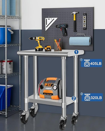 HARDURA Stainless Steel Commercial Table Prep & Work Table with Casters Heavy Duty Metal Table with Wheels NSF 430 18×30 Inches