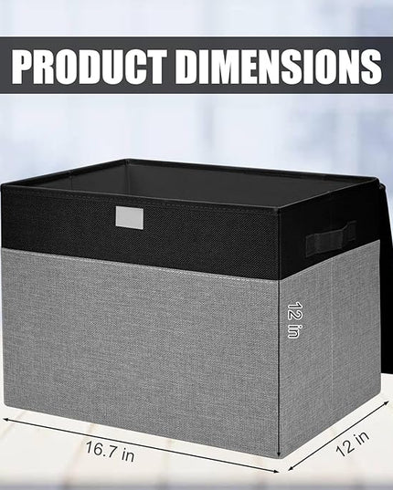 Large 17" 42 Quarts Collapsible Stackable Storage Bins with Lids [3-Pack] Foldable Fabric Linen Storage Boxes Cube, Closet Organizer Baskets with Label for Home (16.7 x 12 x 12", Black & Gray)