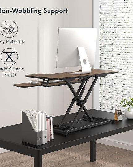 FLEXISPOT Standing Desk Converter 36in Sit to Stand up Riser Height Adjustable Monitor and Laptop Workstation with Spacious 2-Tier Desktop, Walnut Color