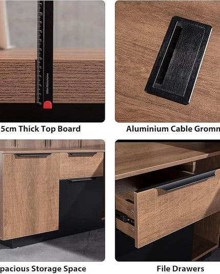 Retractable L-Shaped Executive Desk, Modern Office Desk with Drawers and Lateral File Cabinet, Large Computer Desk with Storage Shelves, Workstation for Home Office (Right Return, 86.6 - 94.5 IN)