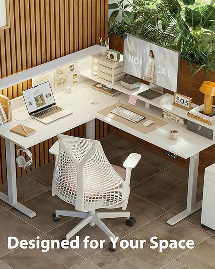 Agilestic L-Shaped Electric Standing Desk, 63x55 Inch Ergonomic Adjustable Height Desk with Storage, Stand Up Corner Desk Sit Stand Computer Table Power Outlet & LED Lights, Office Table, White