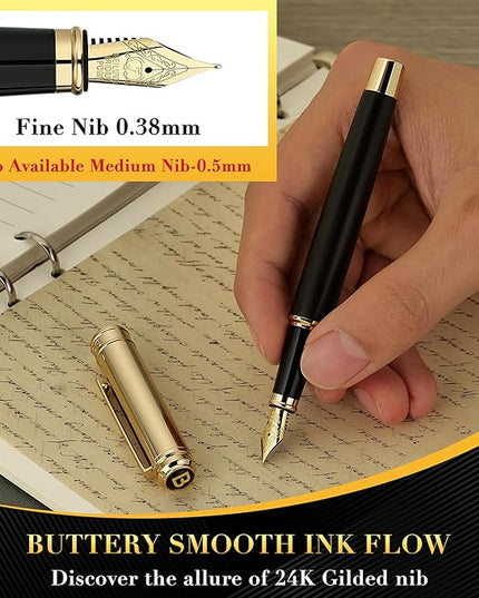 BEILUNER 316 Fountain Pen,Stunning Luxury Blackwood,24K Gilded Nib(Fine),Gorgeous 24K Gold Finish, Ink Converter,Fancy Gift for Men&Women-Elegant,Executive,Graduation Pens for Writing, BK-F