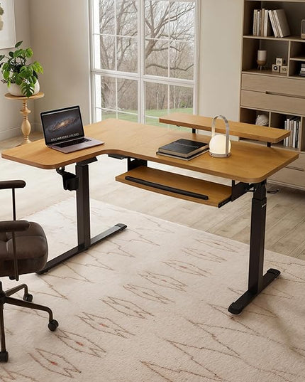 EUREKA ERGONOMIC L Shaped Standing Desk w Keyboard Tray,61" Electric Corner Standing Desk, Computer Desk w LED Monitor Stand,Dual Motor,Solid Wood,Left/Oak