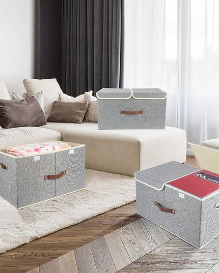 TYEERS Extra Large Collapsible Storage Bins with Lids and Compartments, Organizing Bins for Closet Storage, Clothes Storage, Cube Organizer for Home Office Storage - 2 Pack - Gray