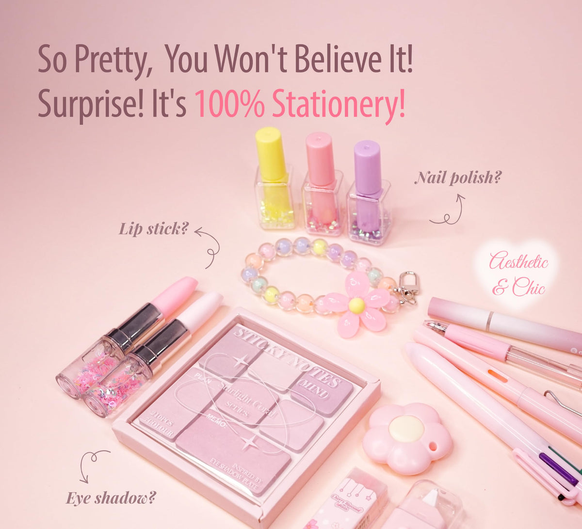 DDIRORY FRIENDS 18 Pcs Cute Pink Stationery Set Aesthetic Makeup Shaped School Supplies Kawaii Office Supplies Kit Highlighters Pens Eraser Everlasting Pencil Sticky Notes Pouch Gift for Girls