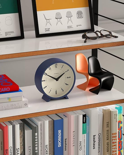 JONES CLOCKS® Venus Desk Clock | Modern Round Design | Blue | Stylish Retro Look for Shelf, Table, Mantel or Bedside